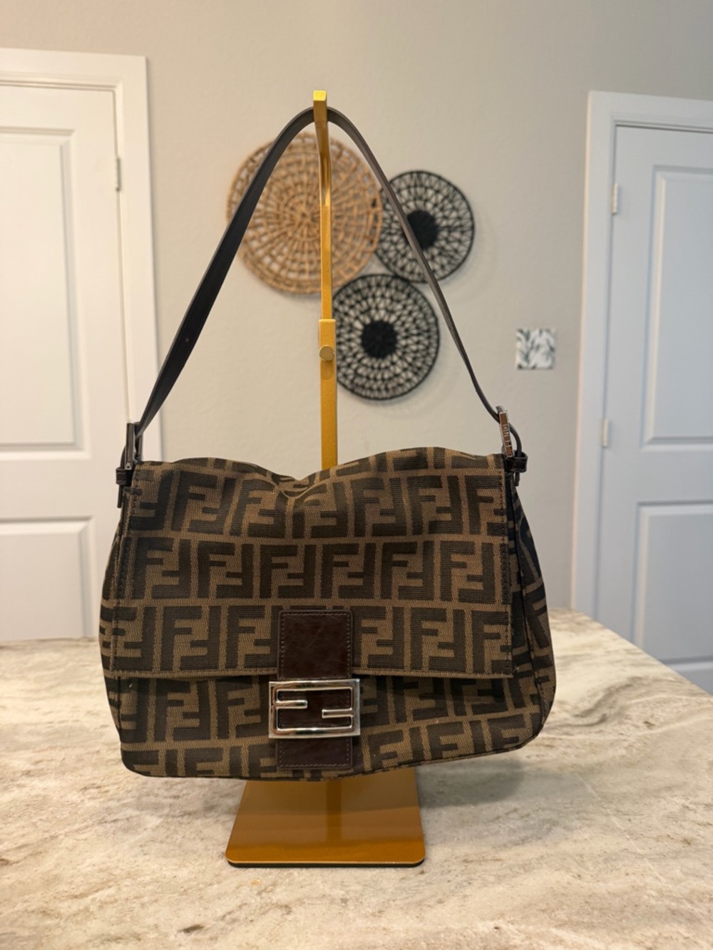 Fendi Brown and Dark Brown FF Canvas Baguette Bag